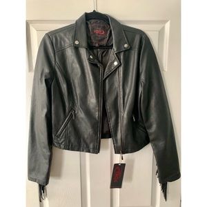 Yoki Faux Leather Moto Fringe Jacket